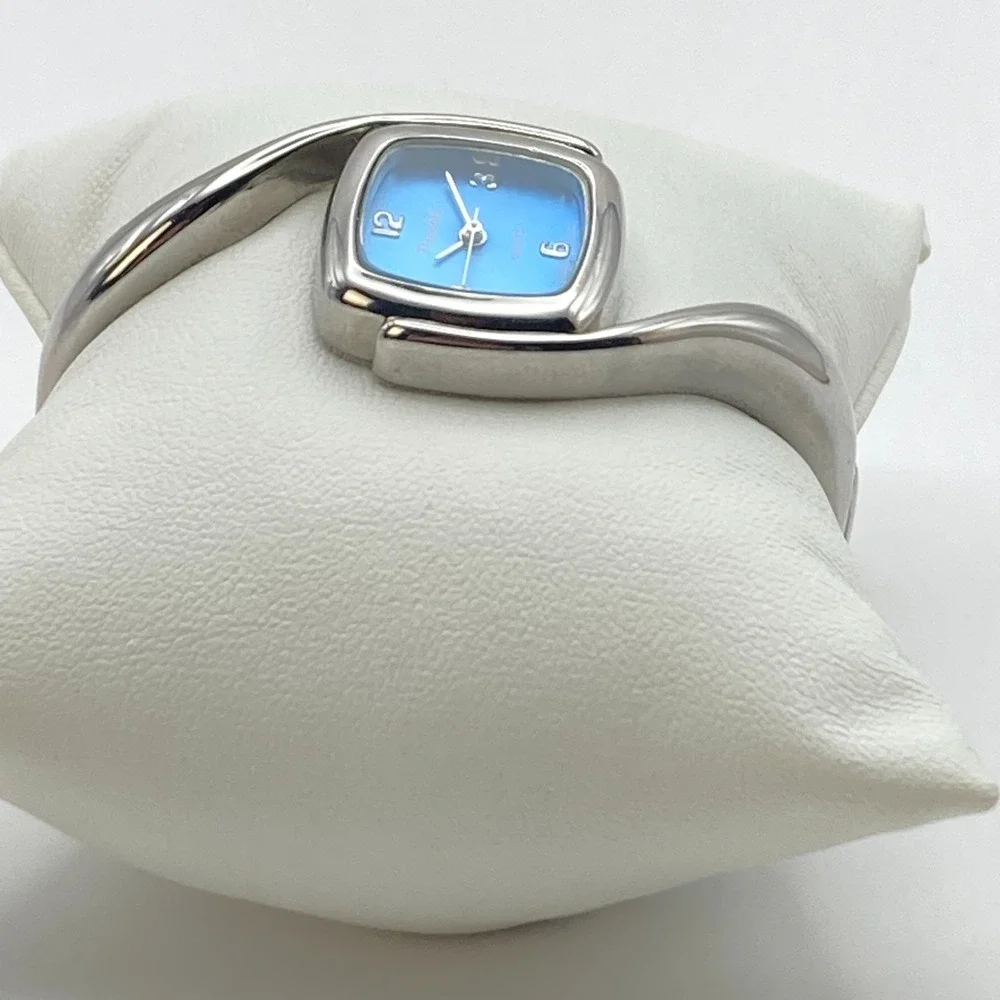 Panache Women's Watch Silver Tone Cuff Asymmetrical Blue New Battery SMALL 6